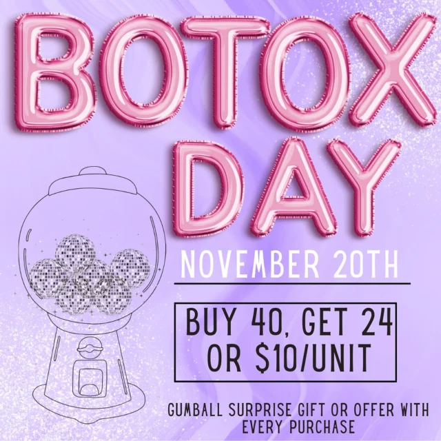 You won’t want to miss this one! Botox Day is November 20th at Symmetry! We will be doing buy 40 units, get 24 units free at $11/unit or $10/unit for any number of units! 
🪩 EACH PURCHASE OF BOTOX WILL ALLOW YOU TO GET A GUMBALL CAPSULE WITH A GIFT OR OFFER INSIDE!🪩 
Tox that day or save your tox for later! Call in or come in November 20th!
