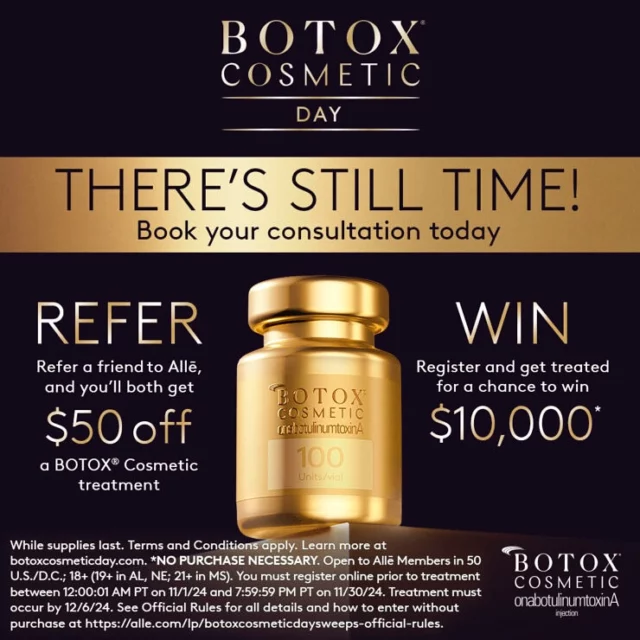 We will see you this Wednesday at Symmetry from 9-6pm to celebrate Botox Cosmetics Day! 🎉🎊🍾We know that stacking all of these discounts can be overwhelming, so we will help guide you through all of the amazing Alle and Symmetry offers🪩
Don’t let Botox day overwhelm you! We are there to make this process easy, and to soften those lines 😉 
Come join us for Botox, food, prizes, vendors and some fun surprises. If you have ever considered Botox, this is the best day of the year to get it! Walk ins only on 11/20! We are also doing free consultations all day! We can’t wait to see you at Symmetry 🪩