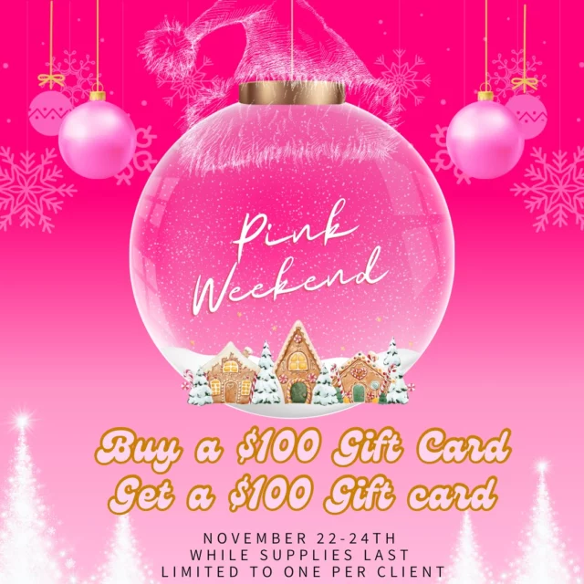 It’s the most wonderful time of the year 🎄🎅🏼
Happy Pink Weekend! November 22-24
This weekend only, Symmetry is offering our annual gift card sale! 
🩷 Buy $100 gift card, get a $100 gift card free 🩷
While supplies last! 
Come see us 11/22-11/24!
We are also offering this sale ONLINE! 
Www.Ashlandsymmetry.com