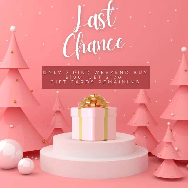 Today is our last day of pink weekend and only 7 buy $100, get $100 gift cards are available today both online and in person! 
Come in today from 9-1 or grab your gift cards online at www.ashlandsymmetry.com